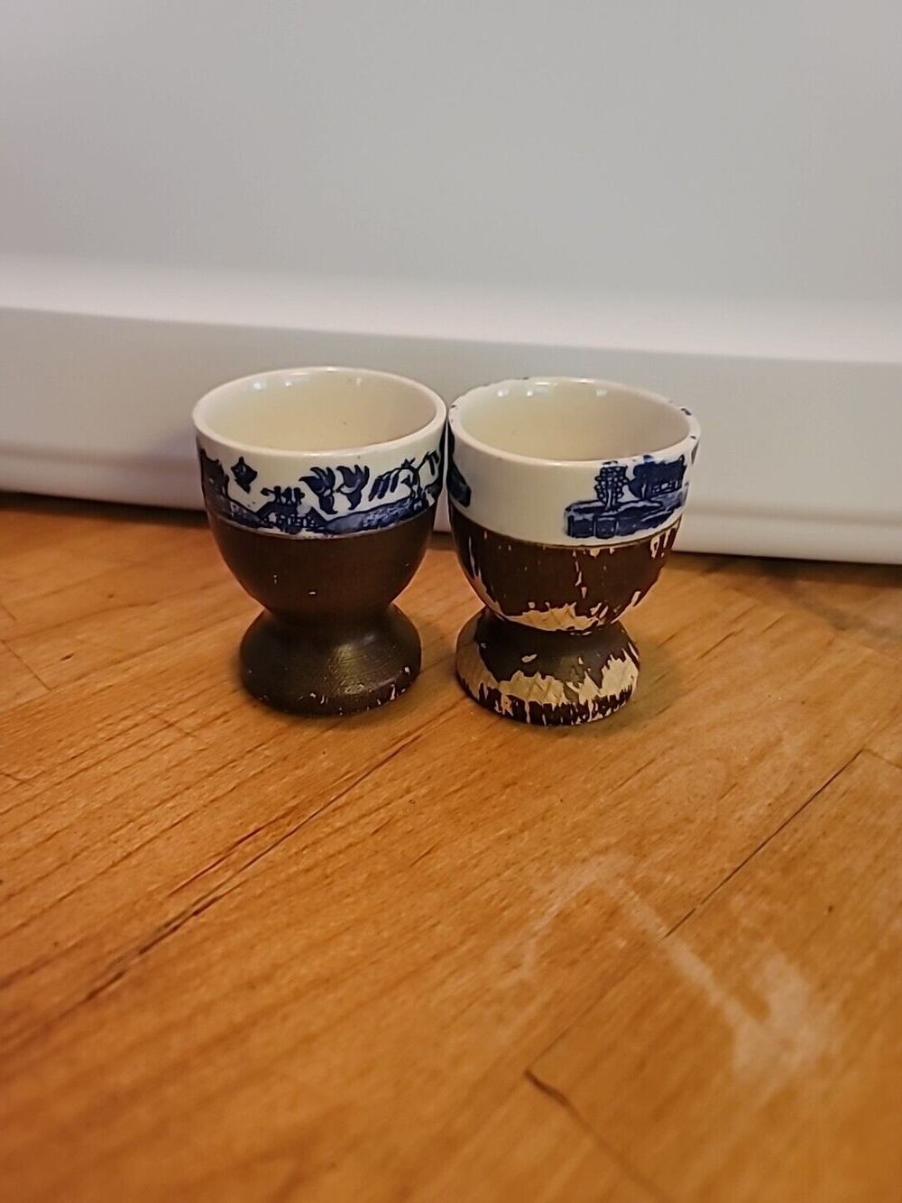 Two Vintage Wood And Porcelain Egg Cups Japan Table Ware Blue Willow ASIAN